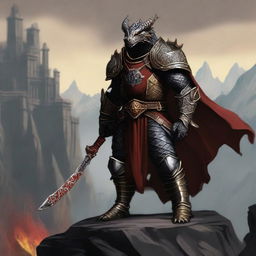 A well-built dragonborn with black scales, wearing a heavy plate armor decorated with intricate golden and red details