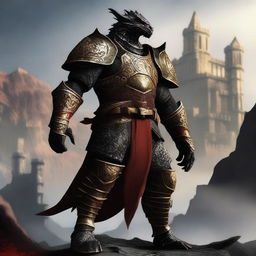 A well-built dragonborn with black scales, wearing a heavy plate armor decorated with intricate golden and red details