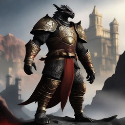 A well-built dragonborn with black scales, wearing a heavy plate armor decorated with intricate golden and red details