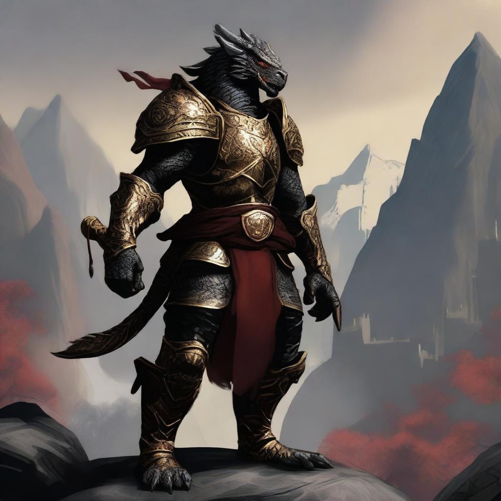 A well-built dragonborn with black scales, wearing a heavy plate armor decorated with intricate golden and red details