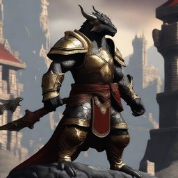 A well-built dragonborn with black scales, wearing a heavy plate armor decorated with intricate golden and red details