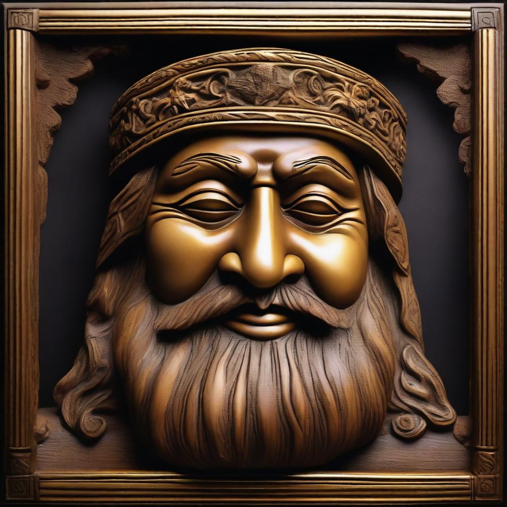 A detailed wood carving of the face of a wise man with his eyes closed, set against a black background