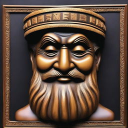 A detailed wood carving of the face of a wise man with his eyes closed, set against a black background