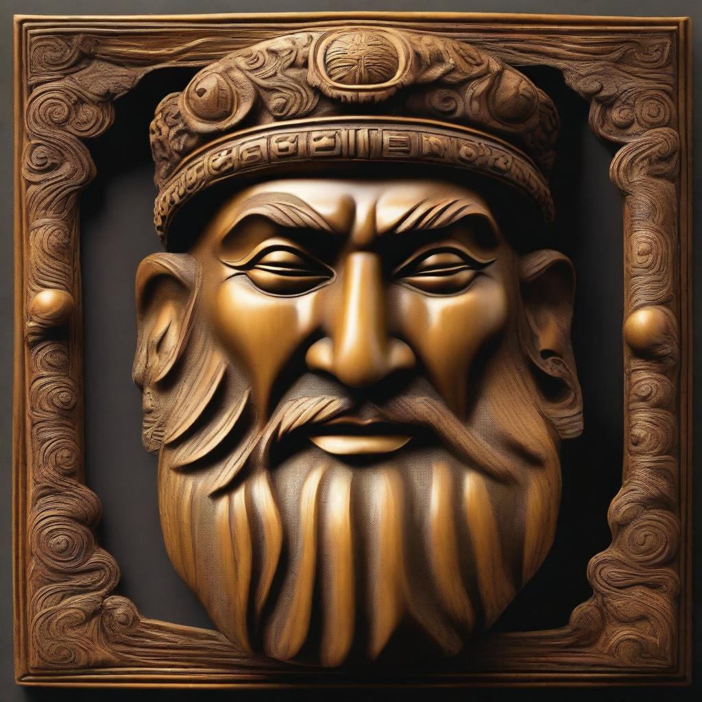 A detailed wood carving of the face of a wise man with his eyes closed, set against a black background