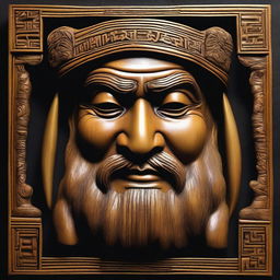 A detailed wood carving of the face of a wise man with his eyes closed, set against a black background