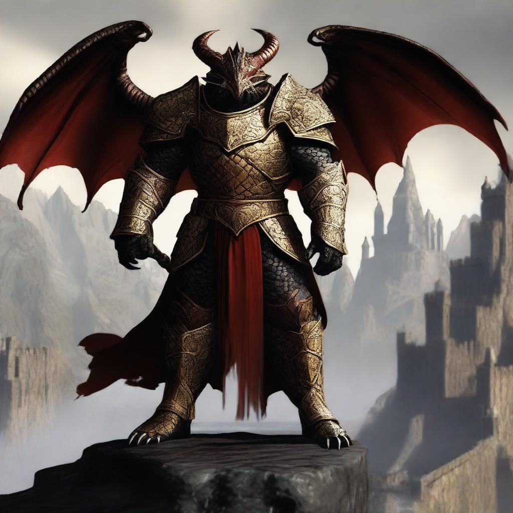 A well-built, large dragonborn with black scales, wearing a heavy plate armor decorated with intricate golden and red details