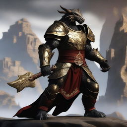 A well-built, large dragonborn with black scales, wearing a heavy plate armor decorated with intricate golden and red details