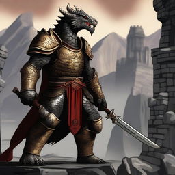 A well-built, large dragonborn with black scales, wearing a heavy plate armor decorated with intricate golden and red details