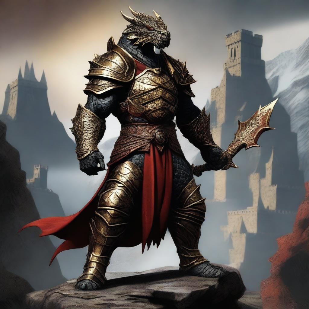 A well-built, large dragonborn with black scales, wearing a heavy plate armor decorated with intricate golden and red details