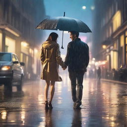 A romantic scene featuring a couple in the rain