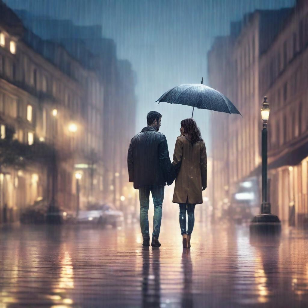 A romantic scene featuring a couple in the rain