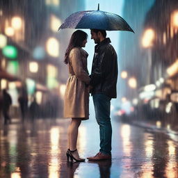 A romantic scene featuring a couple in the rain