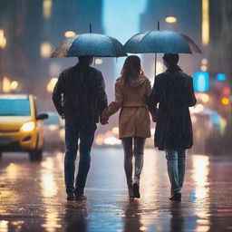 A romantic scene featuring a couple in the rain