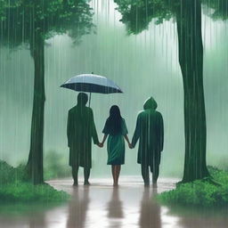 A pair of village lovers standing in the rain in a forest