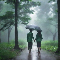 A pair of village lovers standing in the rain in a forest