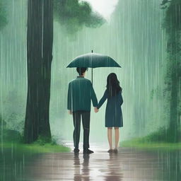 A pair of village lovers standing in the rain in a forest