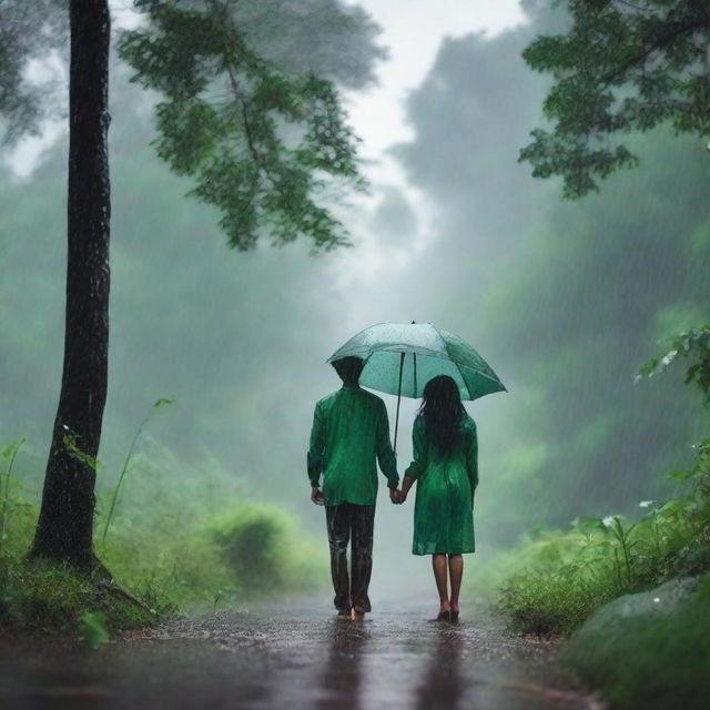 A pair of village lovers standing in the rain in a forest