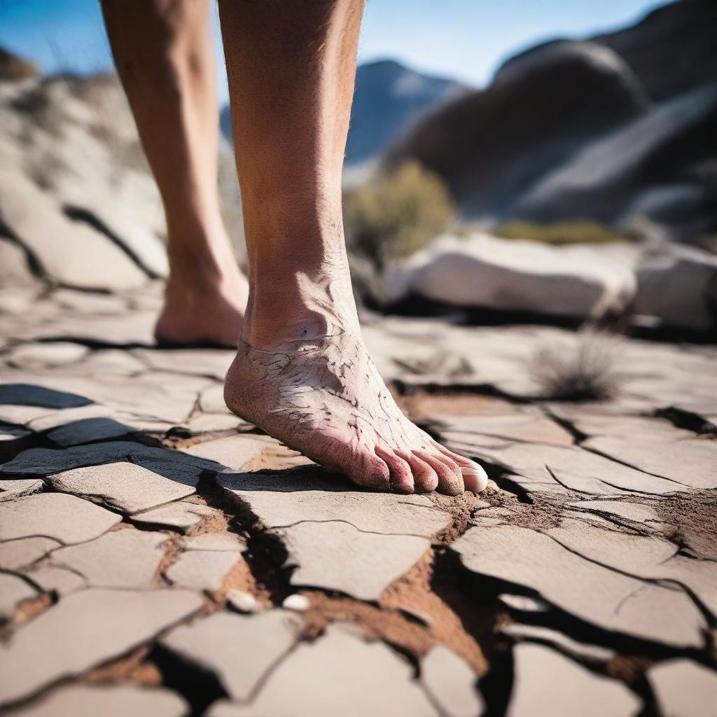 A close-up image of cracked feet walking on a rough surface