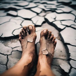 A close-up image of cracked feet walking on a rough surface