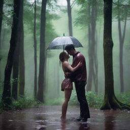 A man and a woman making love in the rain in the middle of a forest