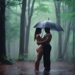 A man and a woman making love in the rain in the middle of a forest