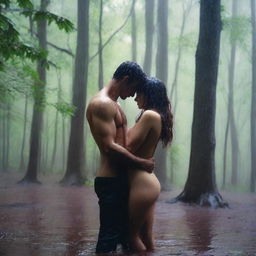 A man and a woman making love in the rain in the middle of a forest