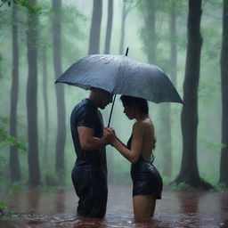 A man and a woman making love in the rain in the middle of a forest