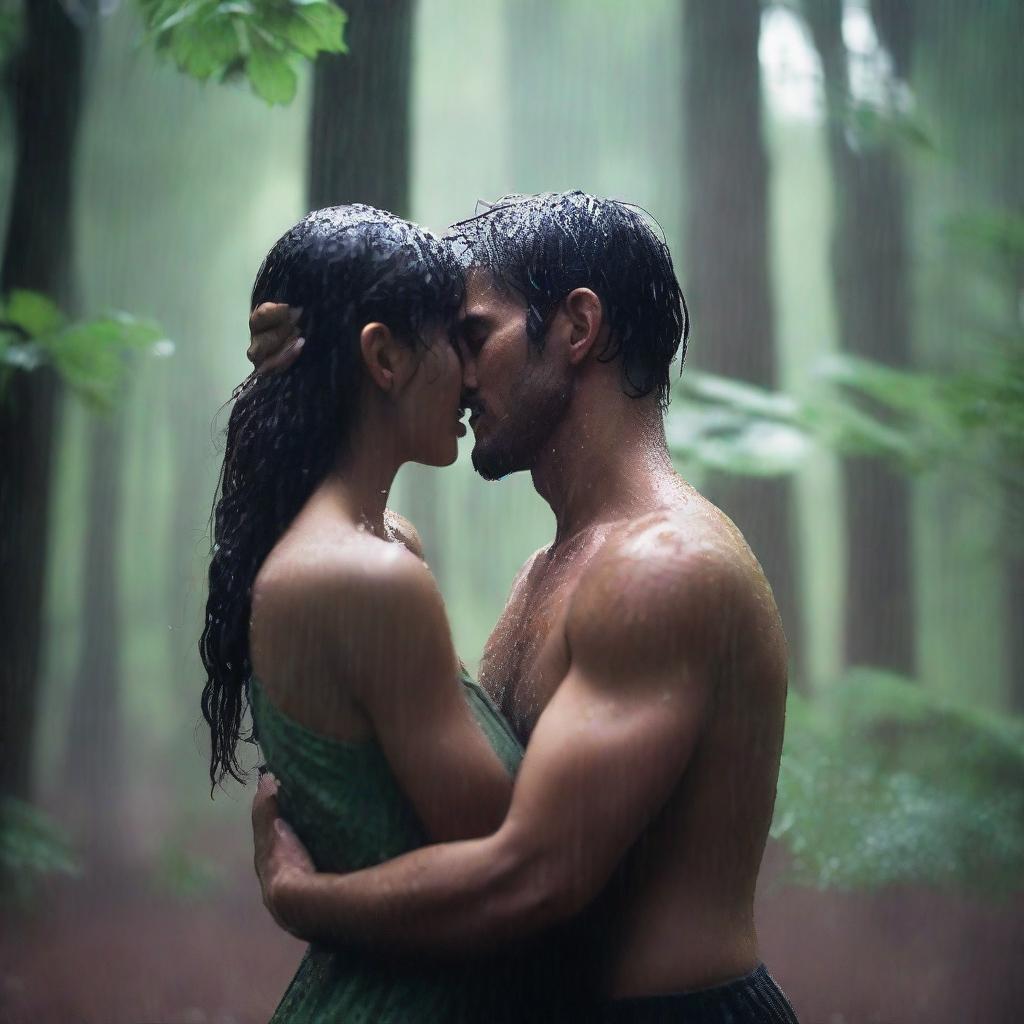 A man and a woman embracing passionately in the rain in the middle of a forest