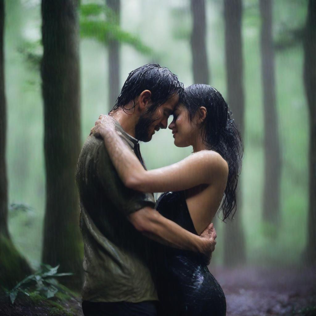 A man and a woman embracing passionately in the rain in the middle of a forest