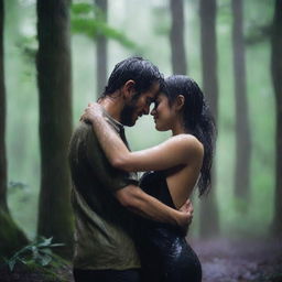 A man and a woman embracing passionately in the rain in the middle of a forest