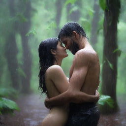 A man and a woman embracing passionately in the rain in the middle of a forest