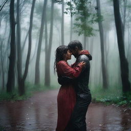 A man and a woman embracing passionately in the rain in the middle of a forest