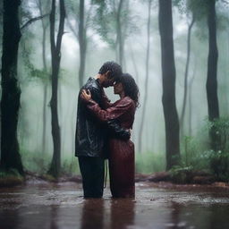 A man and a woman embracing passionately in the rain in the middle of a forest