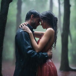 A man and a woman embracing passionately in the rain in the middle of a forest