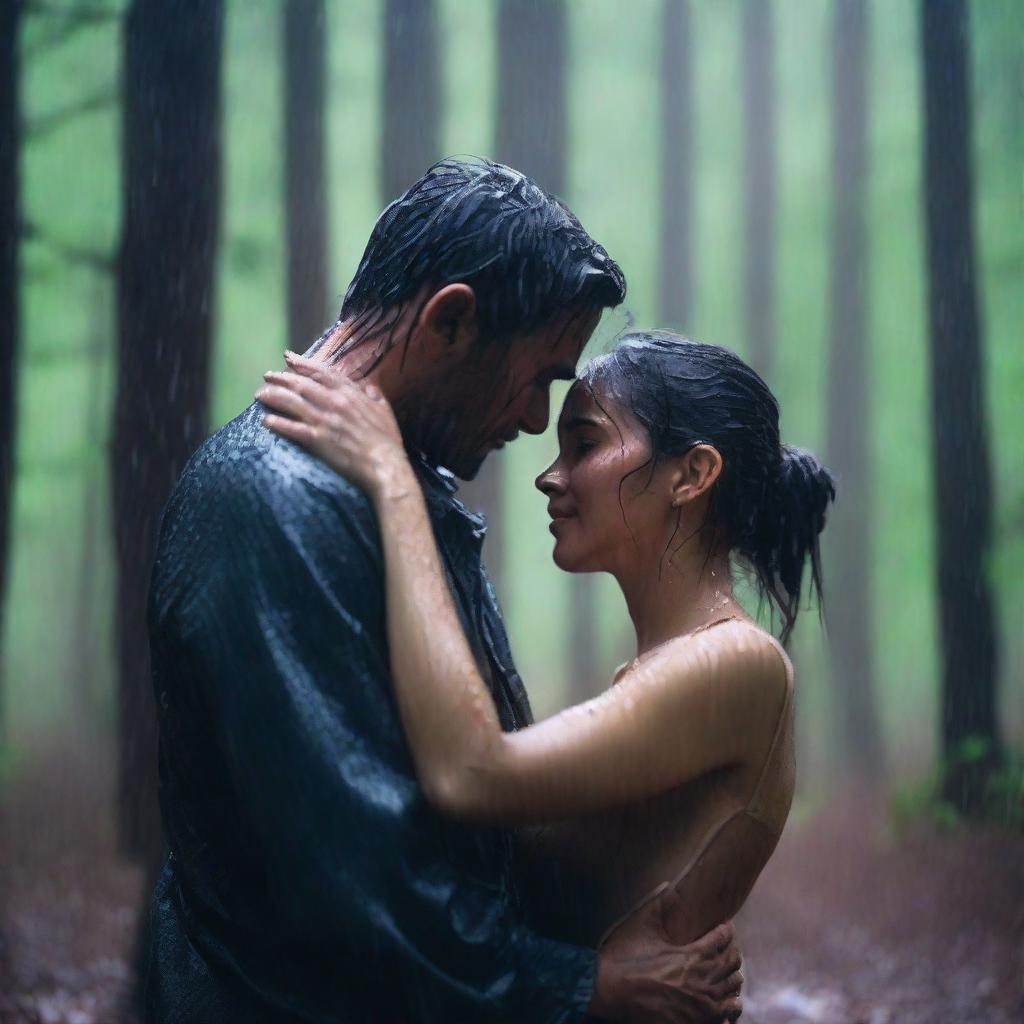 A man and a woman embracing passionately in the rain in the middle of a forest