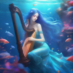 A beautiful female sea elf with blue skin, flowing long hair, and delicate features