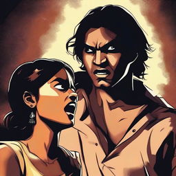 A dramatic scene where a man is about to slash the throat of a beautiful Indian girl