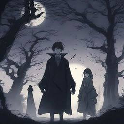 A terrifying anime poster featuring dark, ominous characters with intense expressions