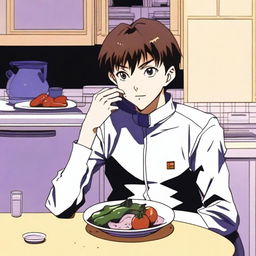 Shinji Ikari from Neon Genesis Evangelion is sitting at a table eating an eggplant