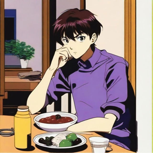 Shinji Ikari from Neon Genesis Evangelion is sitting at a table eating an eggplant