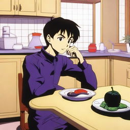 Shinji Ikari from Neon Genesis Evangelion is sitting at a table eating an eggplant