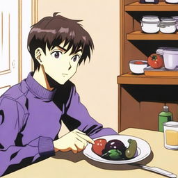 Shinji Ikari from Neon Genesis Evangelion is sitting at a table eating an eggplant