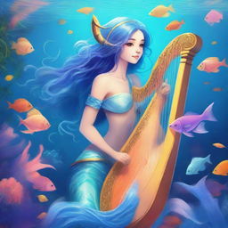 A beautiful female sea elf with fin-like ears and blue skin, playing a harp