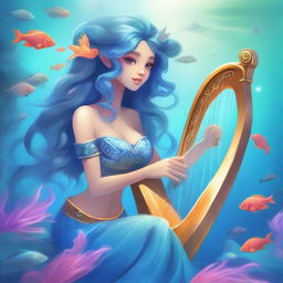 A beautiful female sea elf with fin-like ears and blue skin, playing a harp