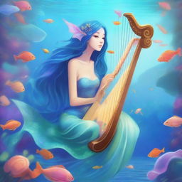 A beautiful female sea elf with fin-like ears and blue skin, playing a harp