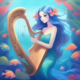 A beautiful female sea elf with fin-like ears and blue skin, playing a harp