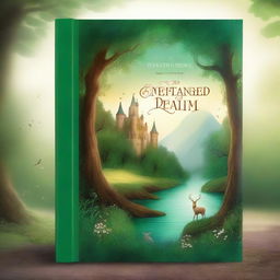 Create a captivating story book cover featuring a magical forest with whimsical creatures, a sparkling river, and a majestic castle in the background