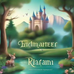 Create a captivating story book cover featuring a magical forest with whimsical creatures, a sparkling river, and a majestic castle in the background