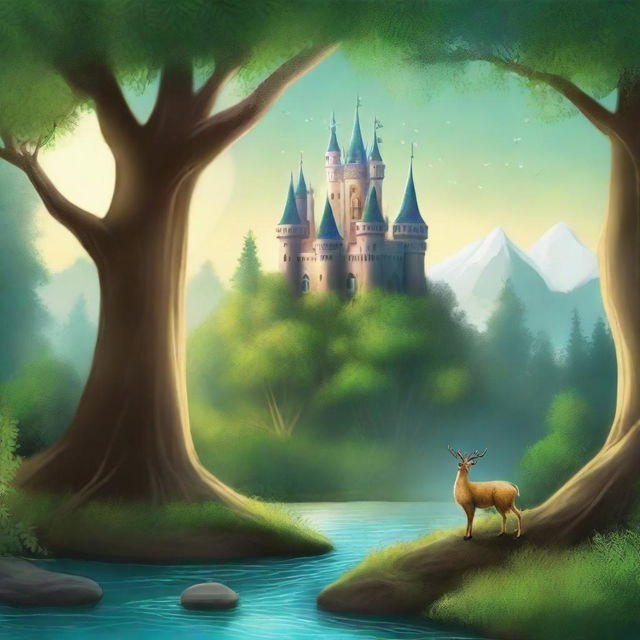 Create a captivating story book cover featuring a magical forest with whimsical creatures, a sparkling river, and a majestic castle in the background