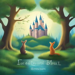 Create a captivating story book cover featuring a magical forest with whimsical creatures, a sparkling river, and a majestic castle in the background